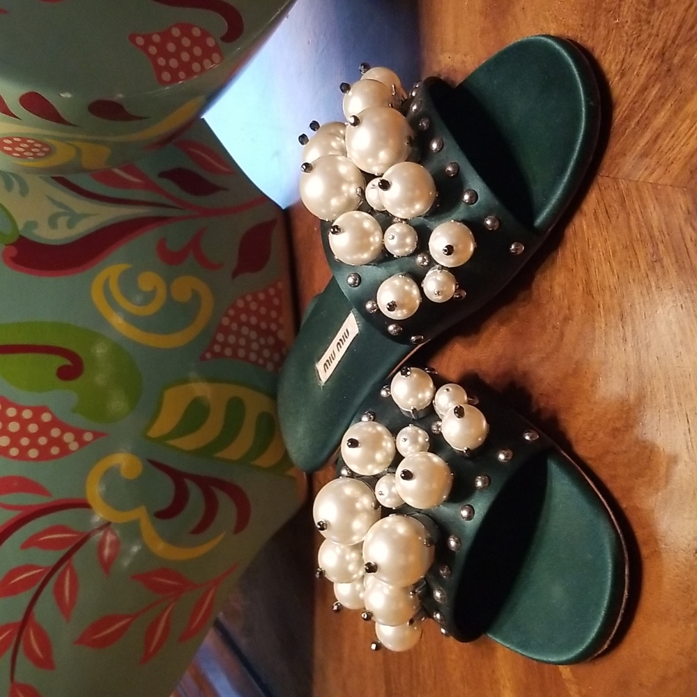 Miu Miu Faux Pearl Accent Slides - Size 8 - image 1